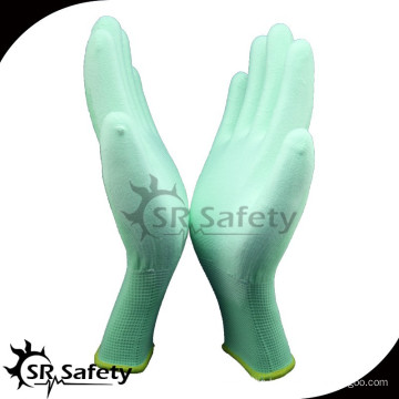 SRSAFETY revestimiento de nylon verde de calibre 13 cubierto PU pu mano de obra guantes